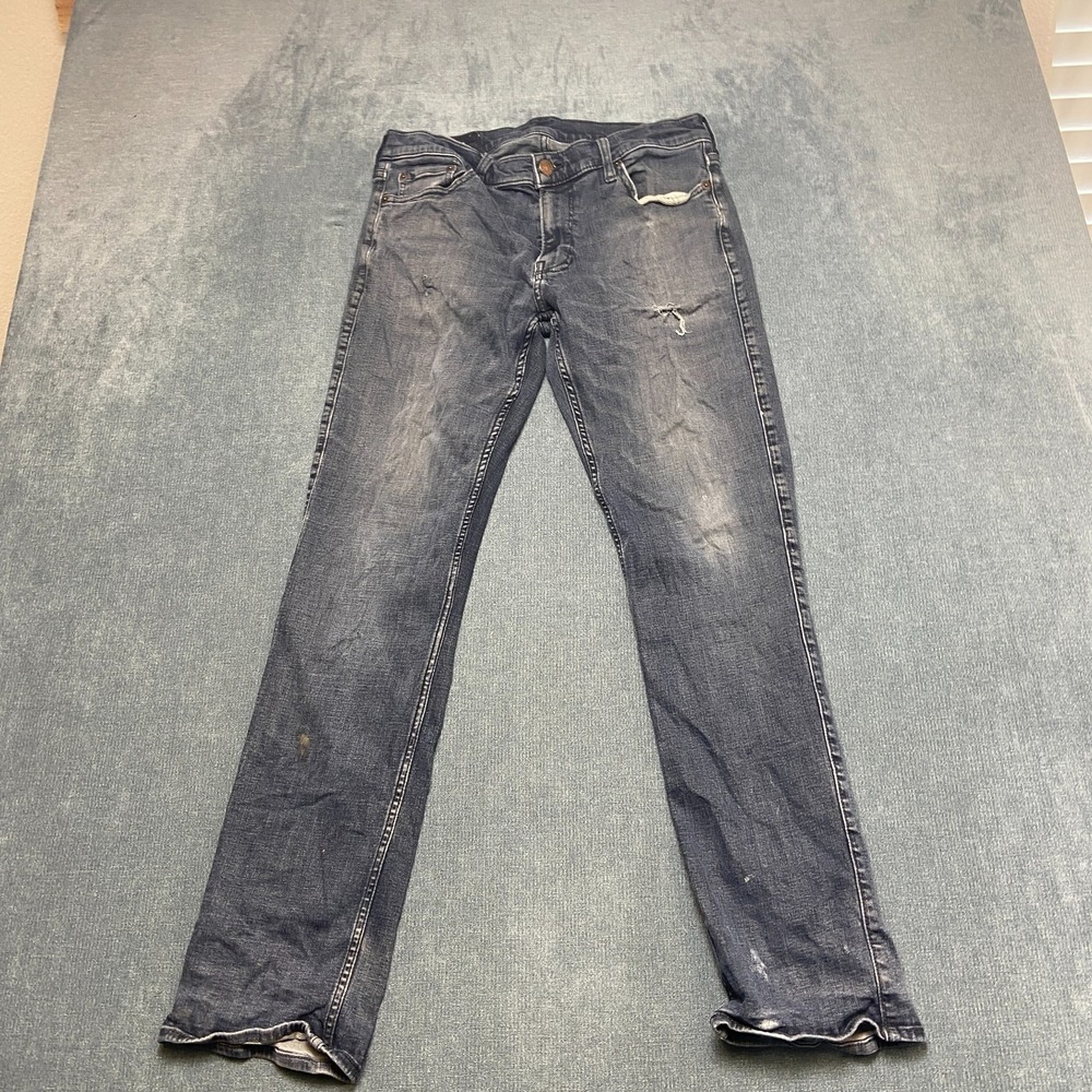 Hollister Slim Straight Jeans Mens 34 Blue Denim Stretch Distressed Medium Wash